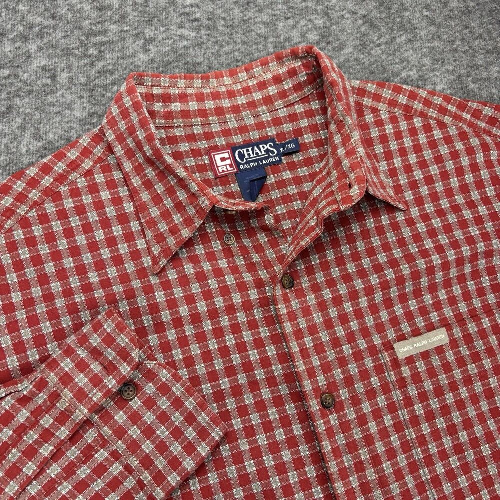 Chaps Ralph Lauren Men’s XL Shirt Red Gray Check Plaid Long Sleeve Button Up